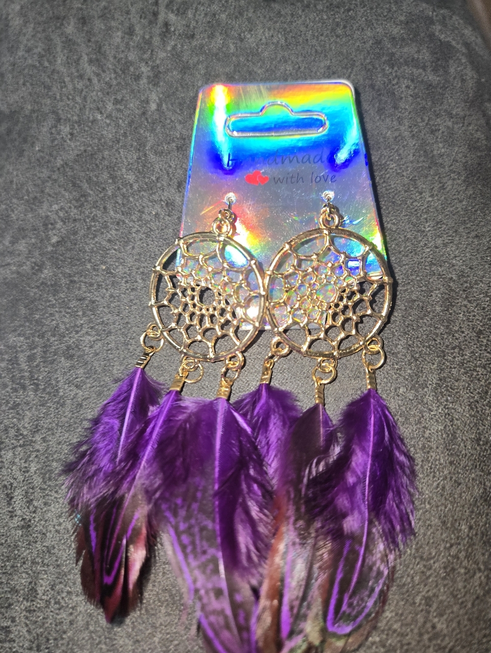 Purple Feather Dreamcatcher Earrings – Handmade Boho Chic Gift for Her 254 - Picture 6 of 7